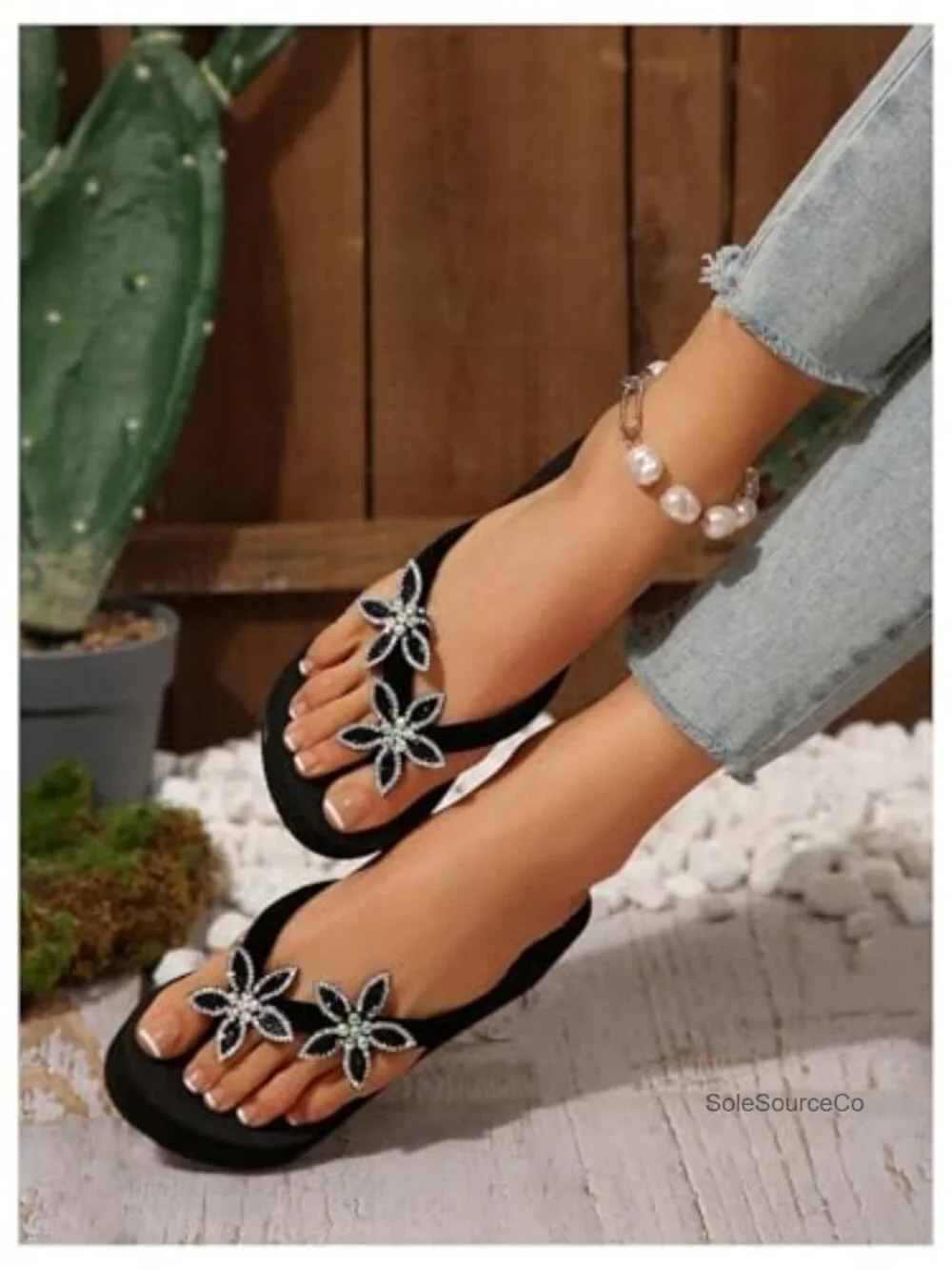 Wedge Flip Flops Sandals Sparkly Rhinestone Flower Appliques Open Toe